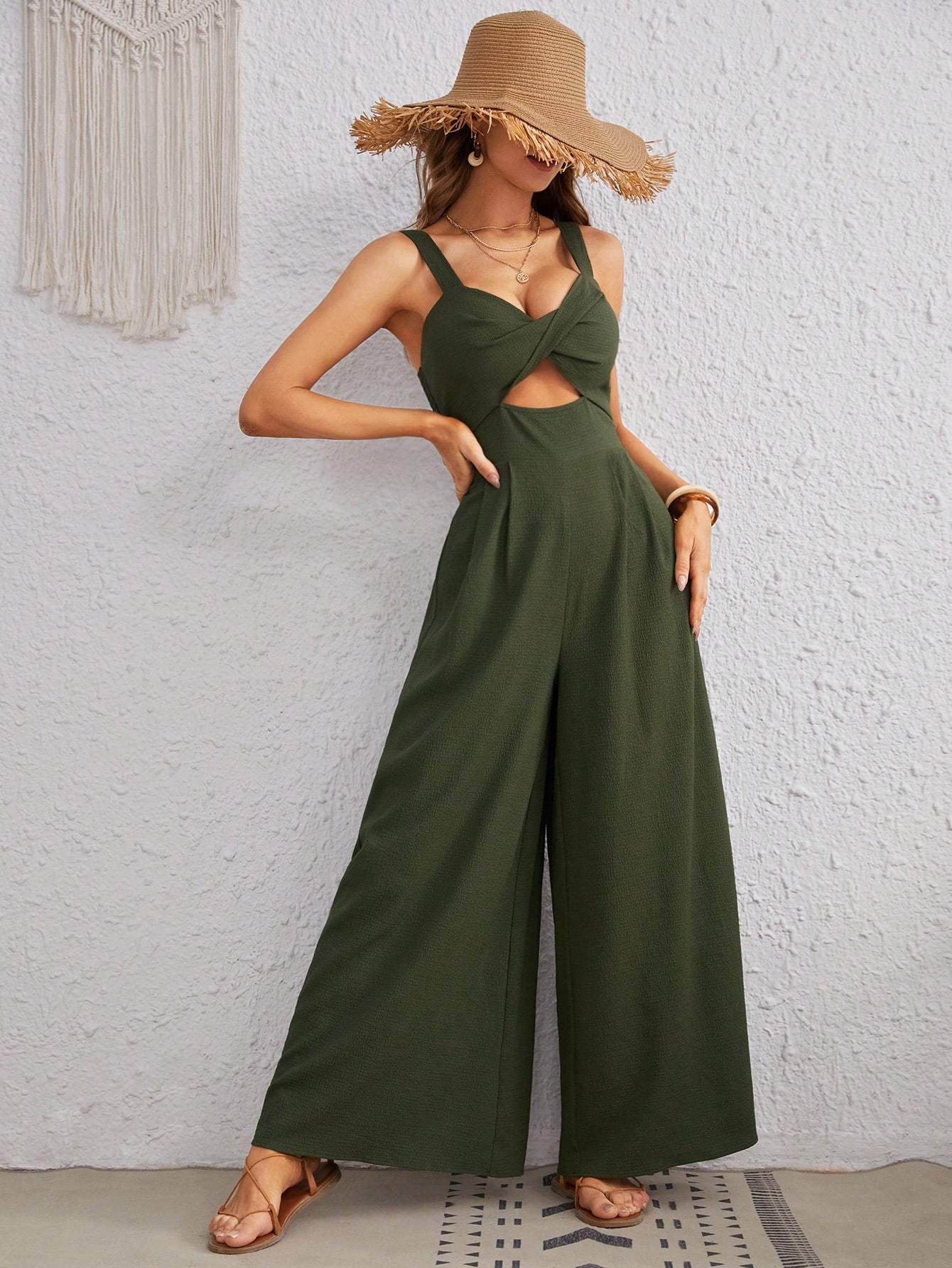 Buycenter Women's Casual Army Green Jumpsuit - Spaghetti Straps, Loose Fit - Buy Center