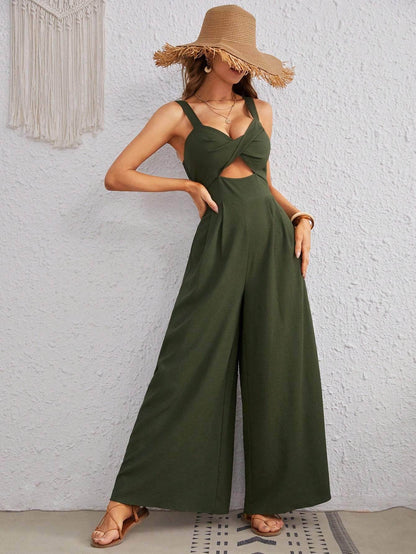 Buycenter Women's Casual Army Green Jumpsuit - Spaghetti Straps, Loose Fit - Buy Center