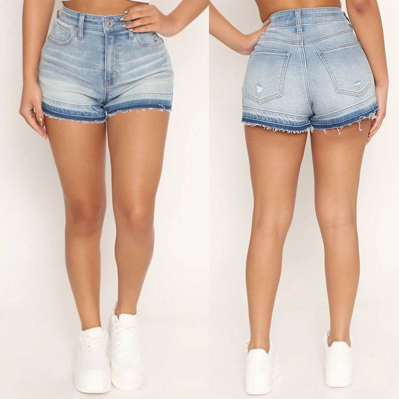 Women's High Waist Denim Shorts - Washed Frayed Hem & Elastic Fit - Buy Center