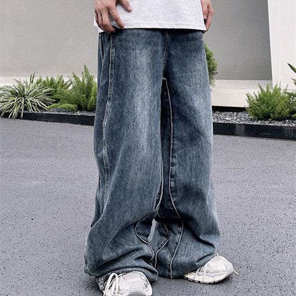 Men's Vintage Wash Wave Jeans - Stylish Blue Leisure Pants in Various Sizes - Buy Center