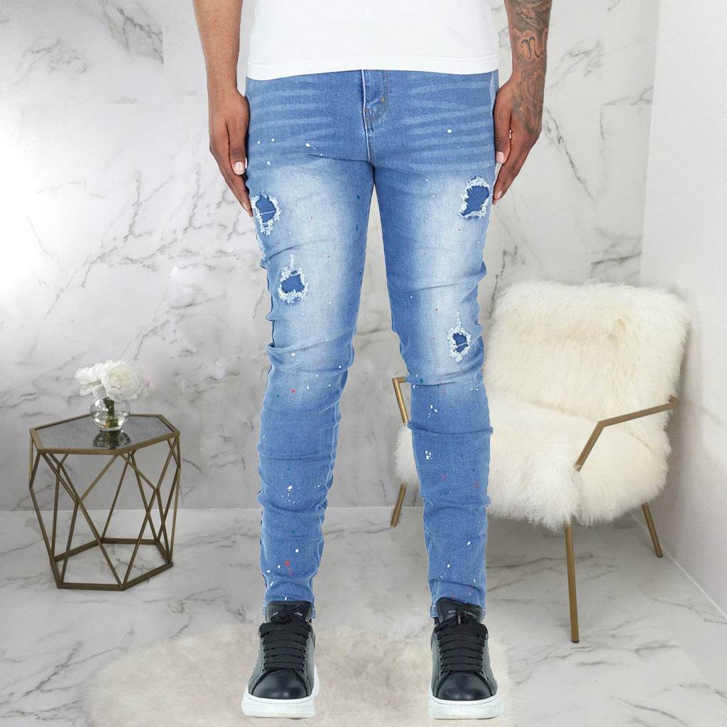 Trendy Splash-Ink Skinny Men's Jeans - Light Blue Low Waist Style - Buy Center