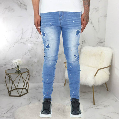 Trendy Splash-Ink Skinny Men's Jeans - Light Blue Low Waist Style - Buy Center