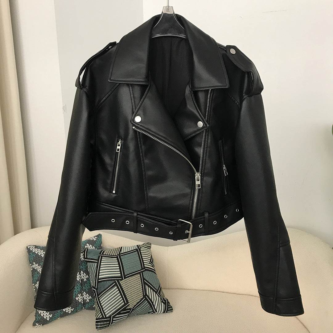 Women's Two-Color Washed Leather Motorcycle Jacket - Slim Fit Stylish Coat - Buy Center