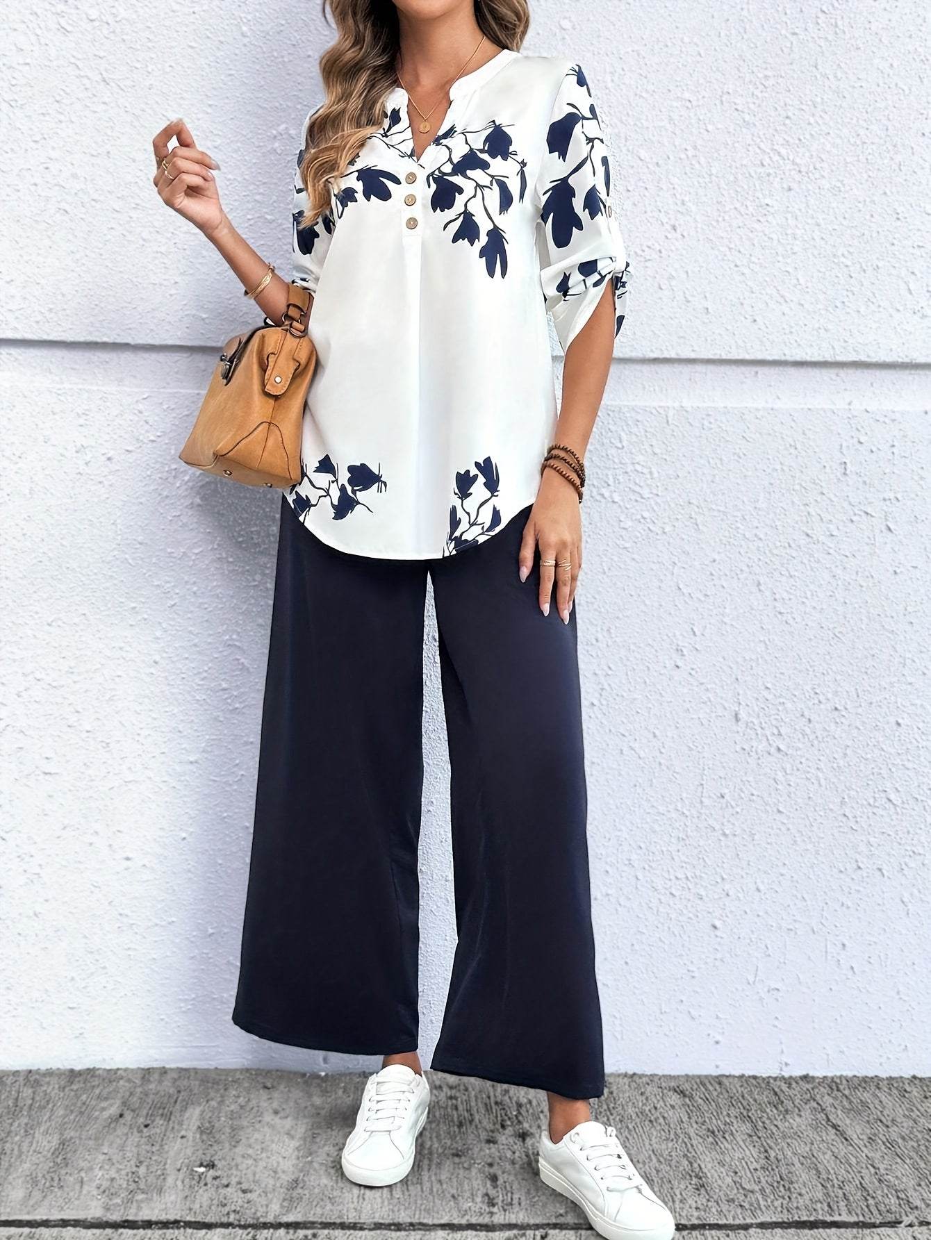 Women's Floral Print V-Neck Top & Pants Set - White Blue Casual Style - Buy Center