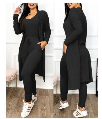 Buycenter Women's Casual Jumpsuit & Cardigan Set - High Waist & Pockets - Buy Center