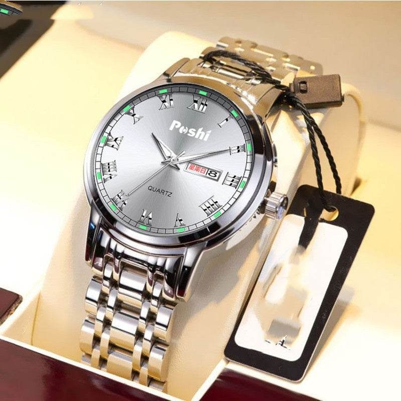Men's Steel Band Quartz Watch - Luminous, Waterproof, Double Calendar - Buy Center