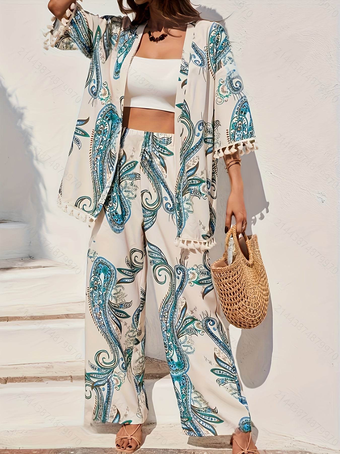YY0208118 Women's Peacock Print Kimono & Loose Pants Set - Elegant Style - Buy Center