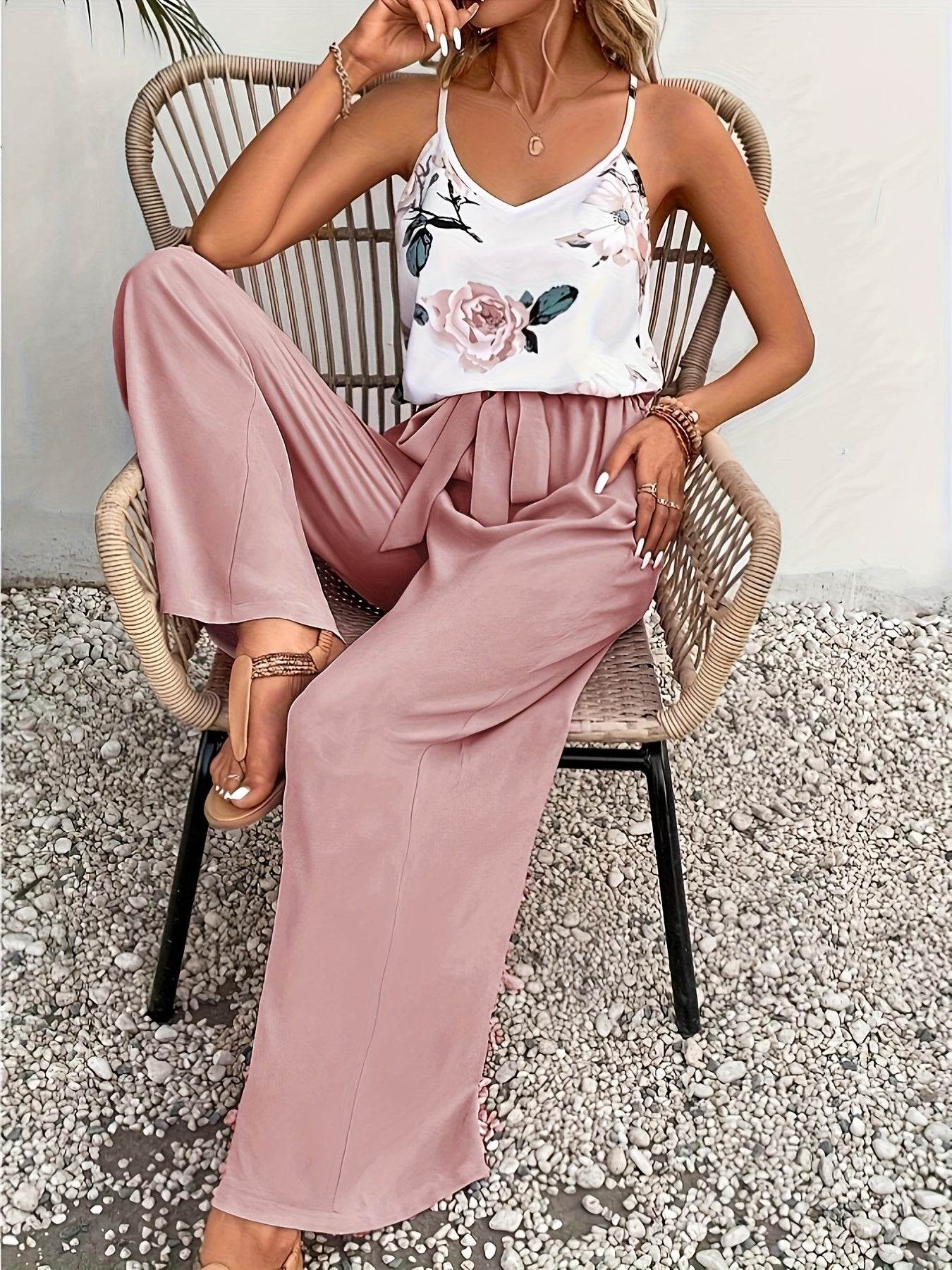 Elegant Women's Spring-Summer Camisole & Pants Set - Floral Design - Buy Center