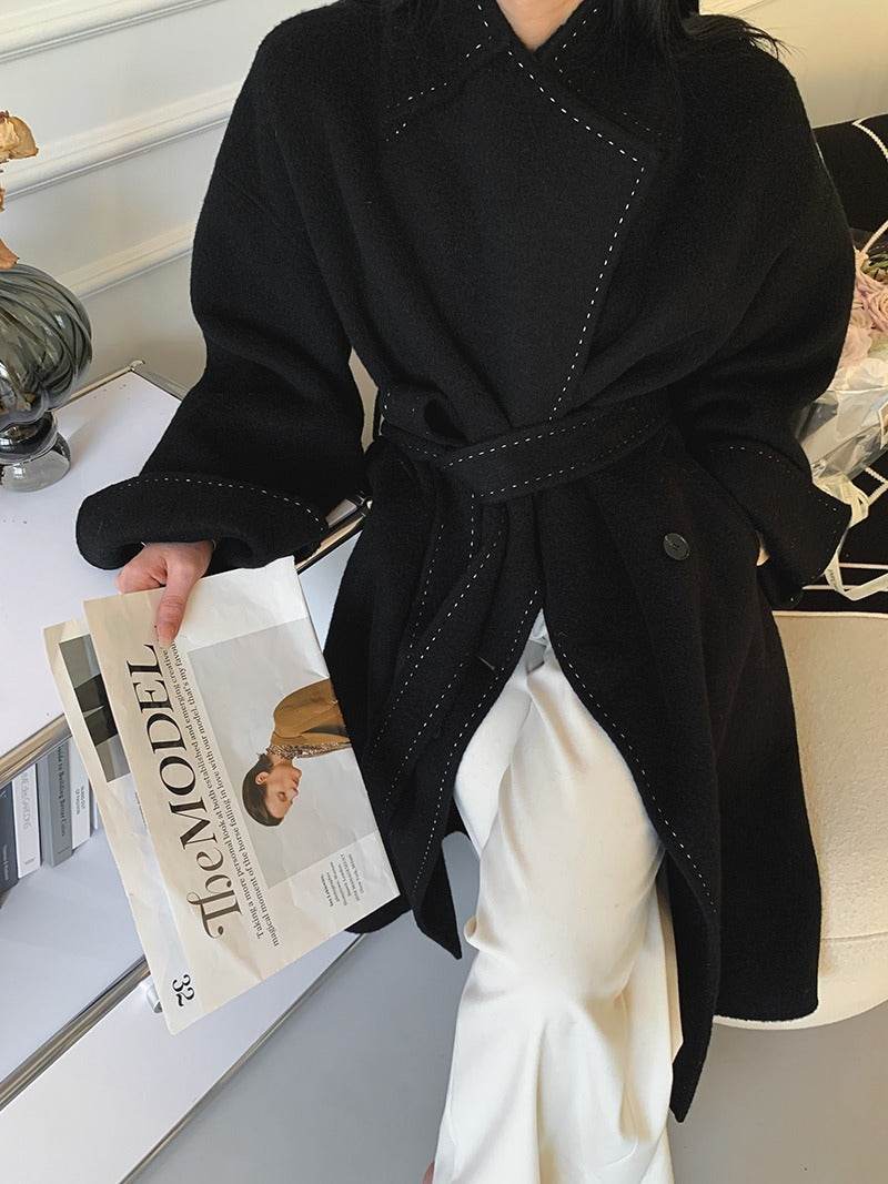 Buycenter Double-faced Woolen Overcoat - Long Fur Lapel, Lace-up Style - Buy Center