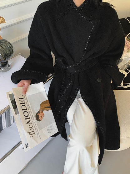 Buycenter Double-faced Woolen Overcoat - Long Fur Lapel, Lace-up Style - Buy Center