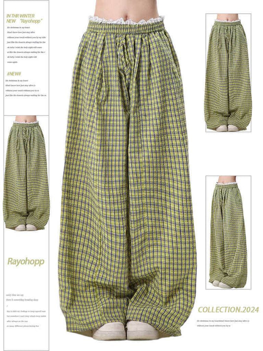 Women's Casual Wide Leg Pants - Lace Stitching Plaid Design in Blue & Yellow - Buy Center