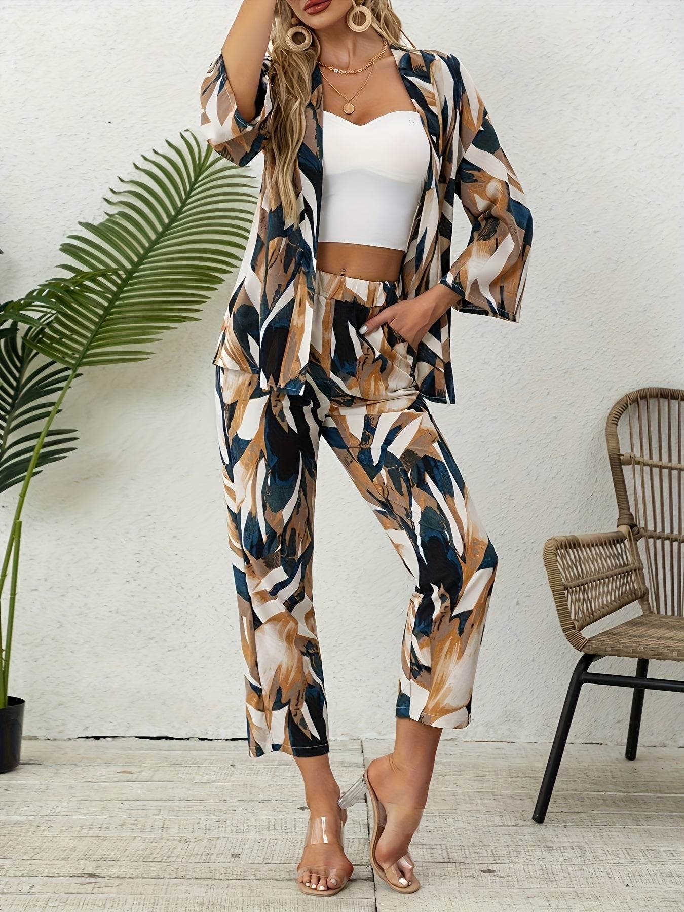 Elegant Women's Two-Piece Leaf Print Set - Spring Summer Style - Buy Center