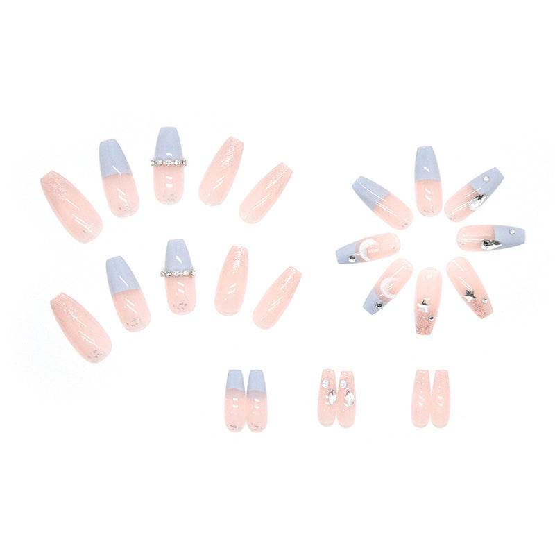 Stylish Stars and Moon Fake Nails - Chic French Design in Light Blue - Buy Center
