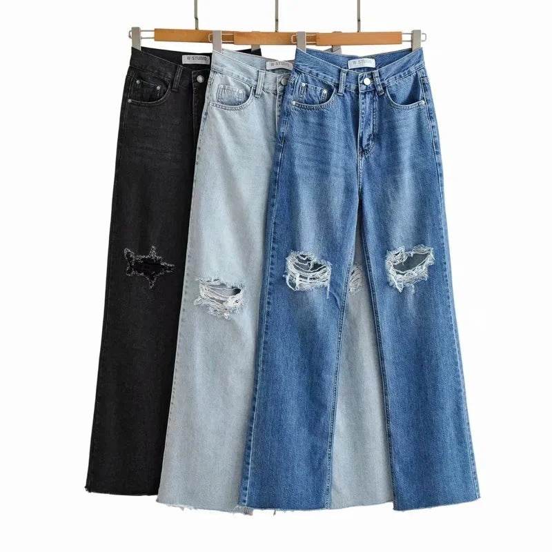 High Waist Light Blue Denim Straight Trousers with Holes - Street Style - Buy Center