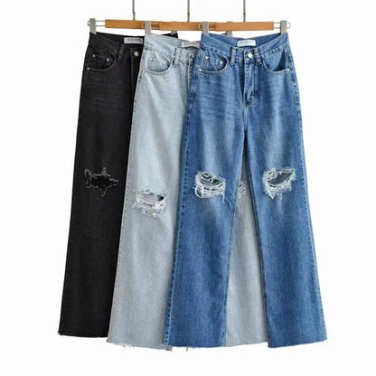High Waist Light Blue Denim Straight Trousers with Holes - Street Style - Buy Center