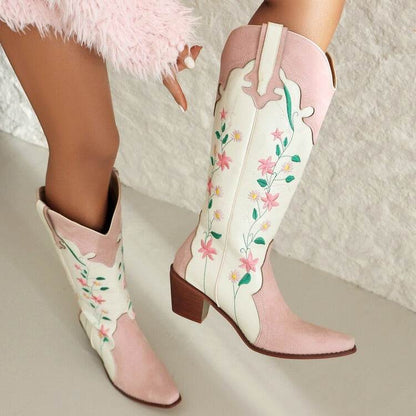 Plus Size Embroidered Knee-high Boots - Thick-Heeled Floral Design - Buy Center