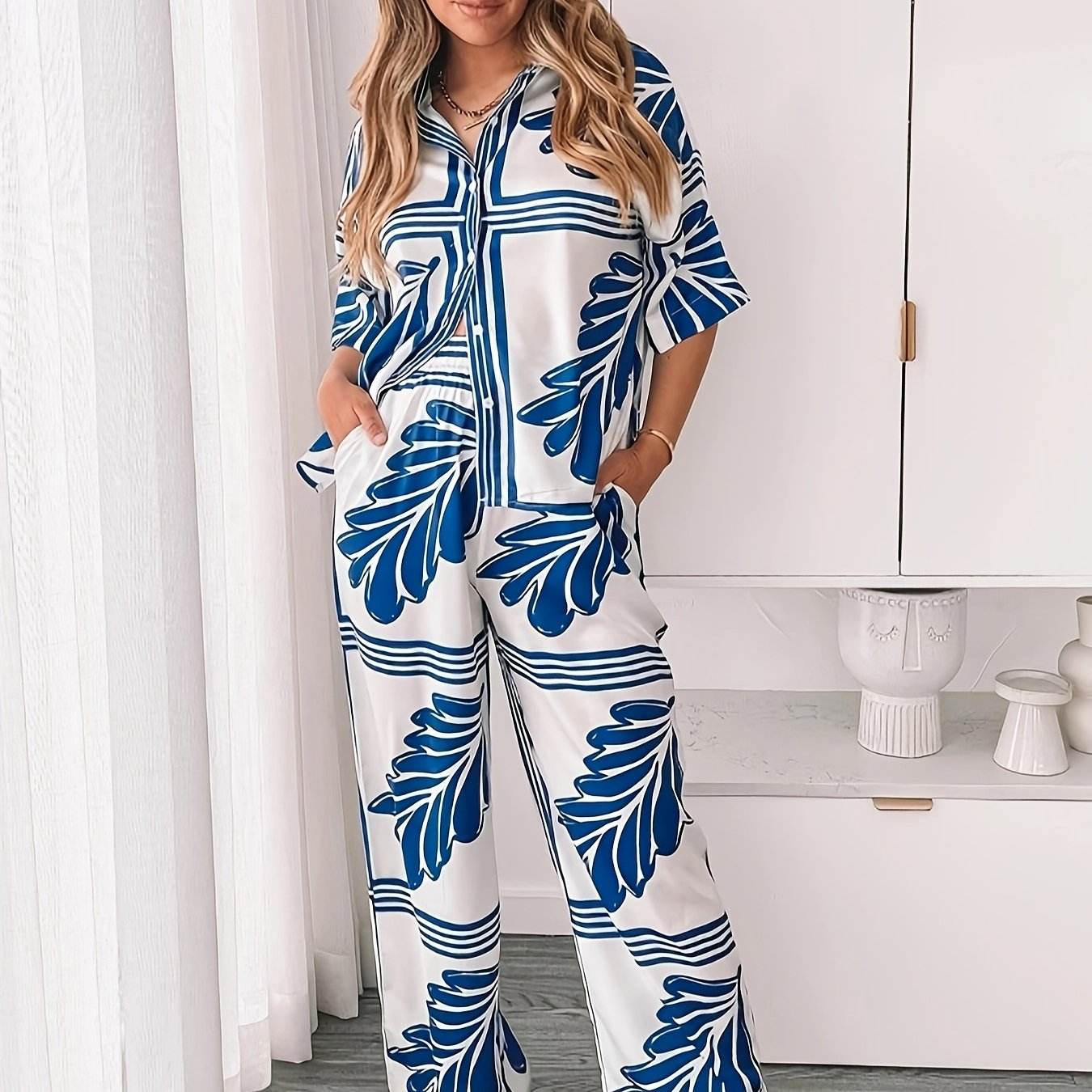 Women's Elegant Floral Print Two-Piece Set - Blue & White Summer Outfit - Buy Center