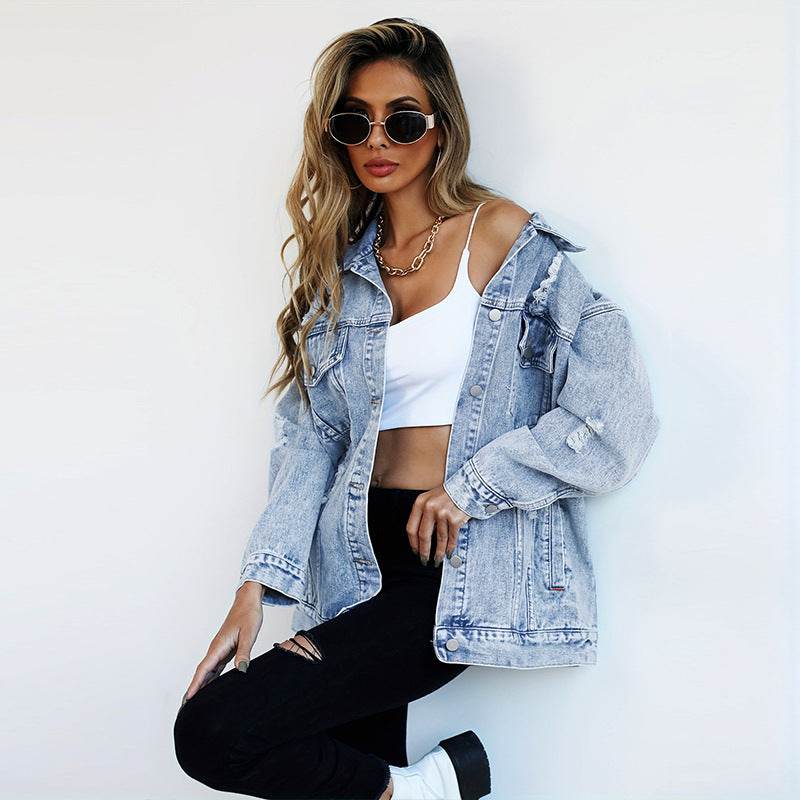Boyfriend-Style Ripped Denim Jacket - Light Blue Casual Fashion 2025 - Buy Center