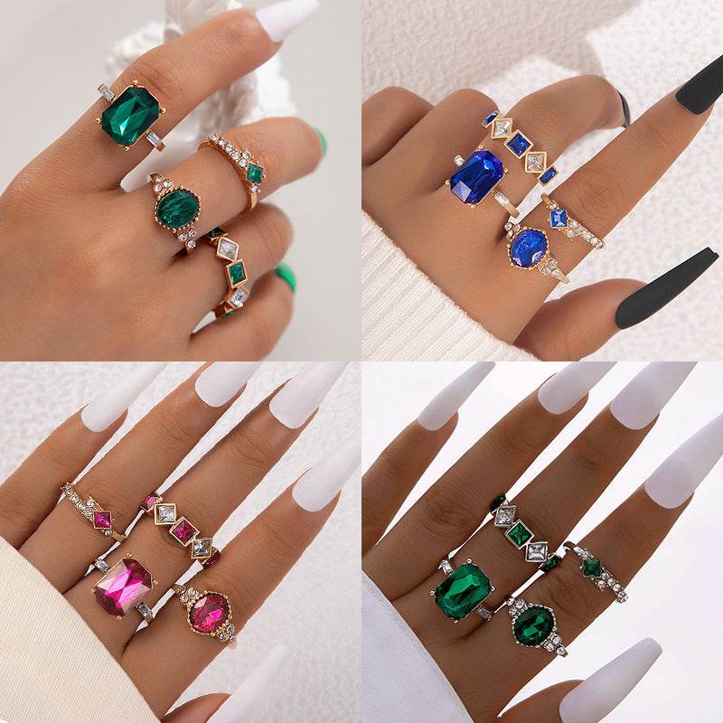 Buycenter Color Diamond Four-Piece Ring Set - Stylish Alloy Geometry - Buy Center