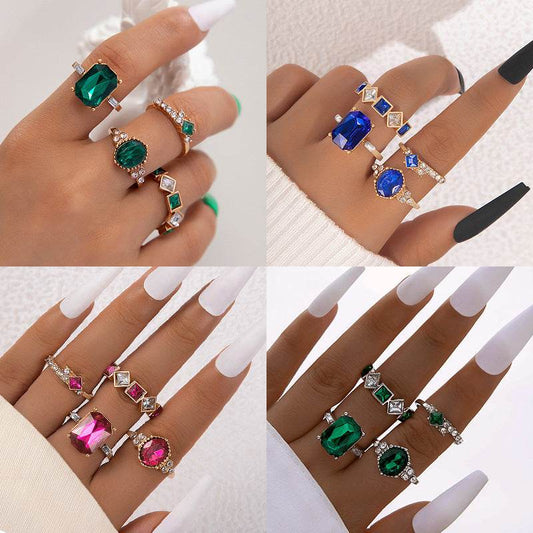 Buycenter Color Diamond Four-Piece Ring Set - Stylish Alloy Geometry - Buy Center
