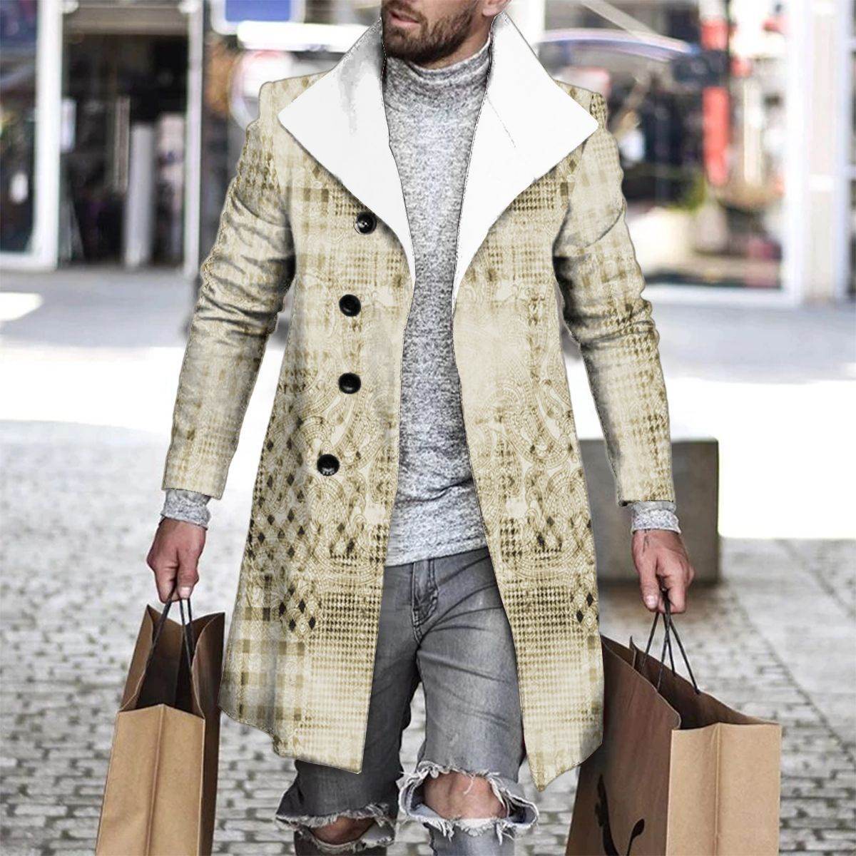 Stylish 3D Digital Printing Men's Woolen Trench Coat - Premium Fashion 2025 - Buy Center