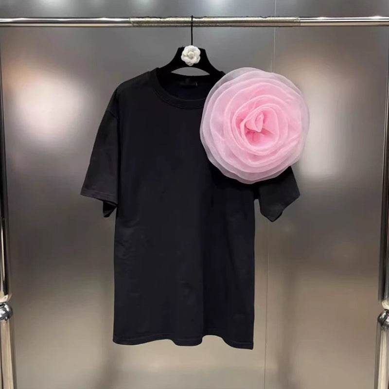 Stylish Ladies Short Sleeve T-shirt - 3D Floral Design, Loose Fit - Buy Center