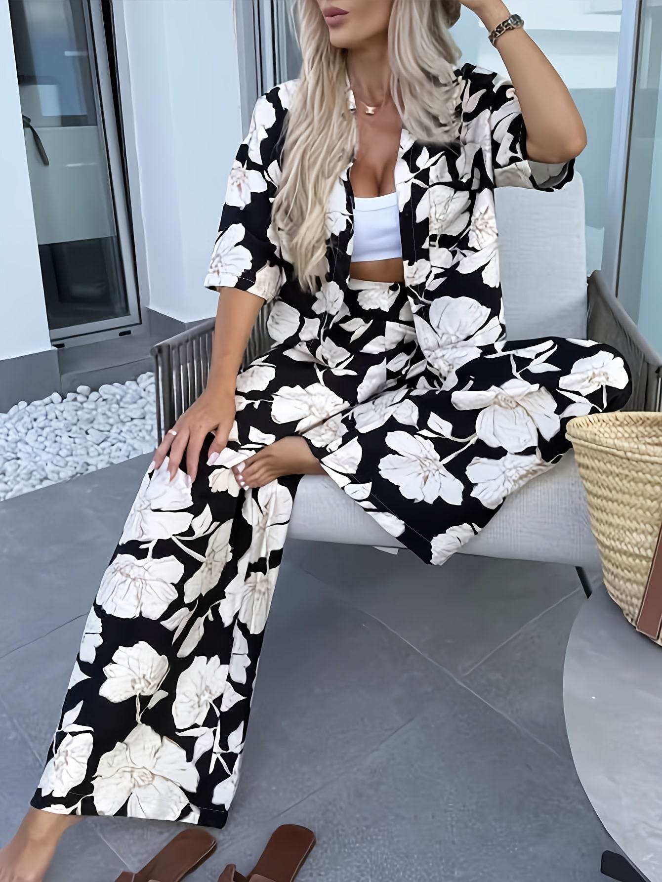 Elegant Women's Summer Floral Shirt & Pants Set - 2pcs - Buy Center