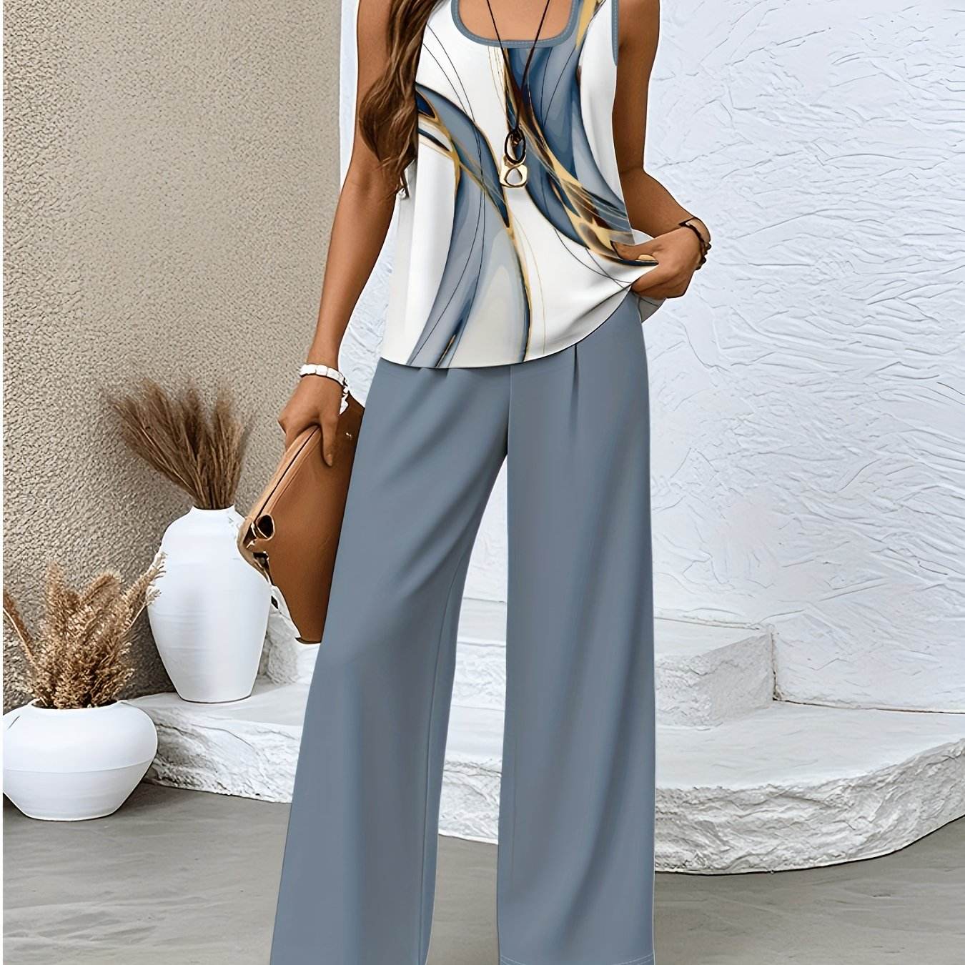 Women's Floral Print Set - Square Neck Vest & Wide Leg Pants Set - Buy Center