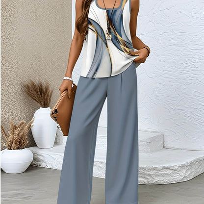 Women's Floral Print Set - Square Neck Vest & Wide Leg Pants Set - Buy Center