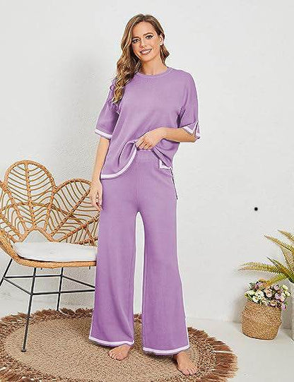 Buycenter New Knitting Suit - Short Sleeve Pullover & Wide Leg Pants - Buy Center