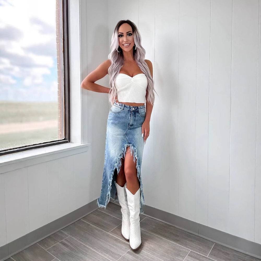 Denim High Waist Asymmetric Skirt - Distressed & Stylish Mid-Length Design - Buy Center