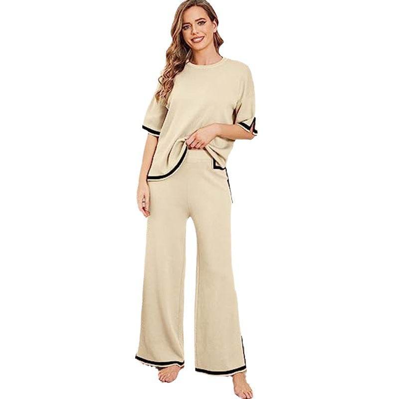 Buycenter New Knitting Suit - Short Sleeve Pullover & Wide Leg Pants - Buy Center