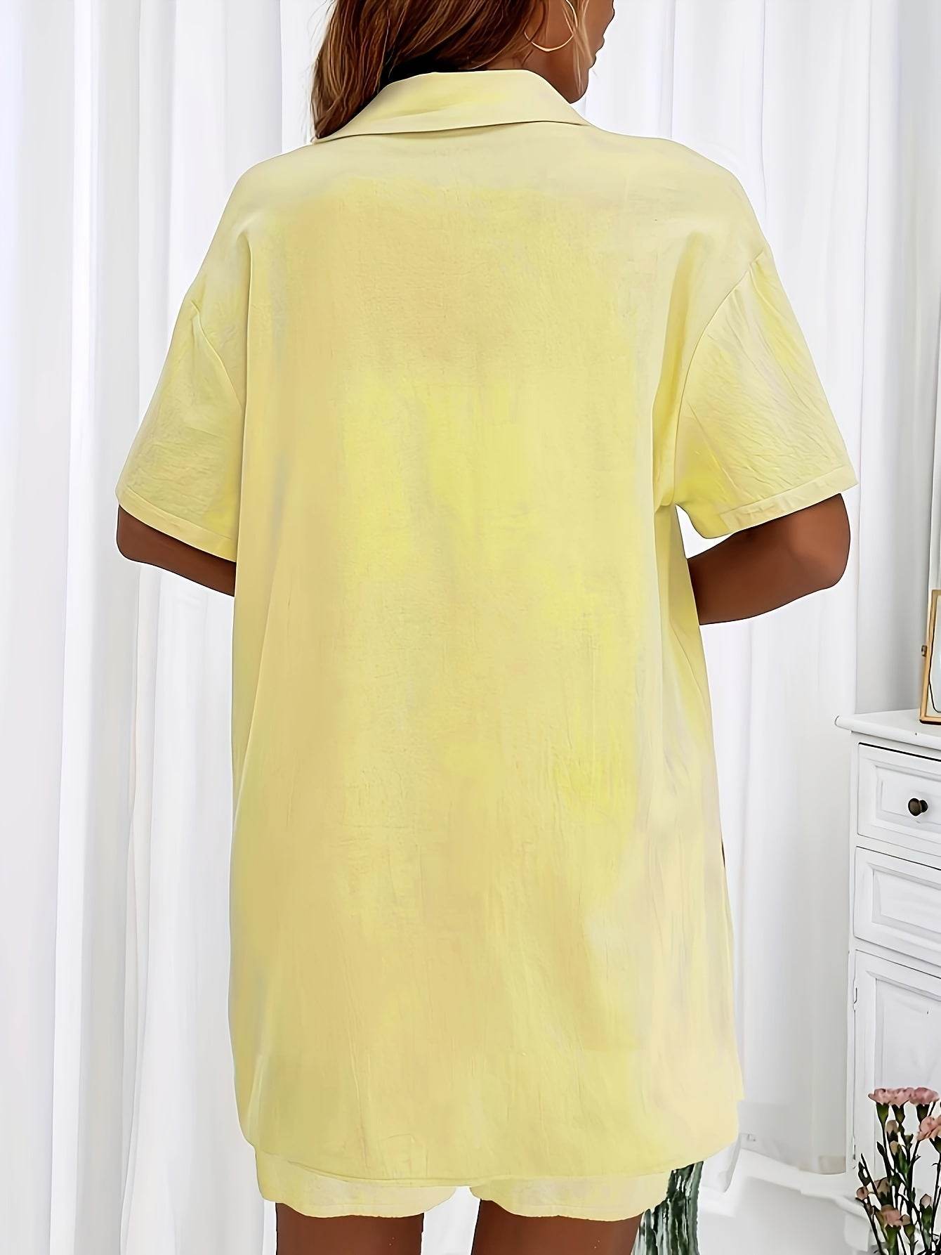 Women's Solid Color Two-Piece Set - Fashionable Pocket Shirt & Shorts - Buy Center