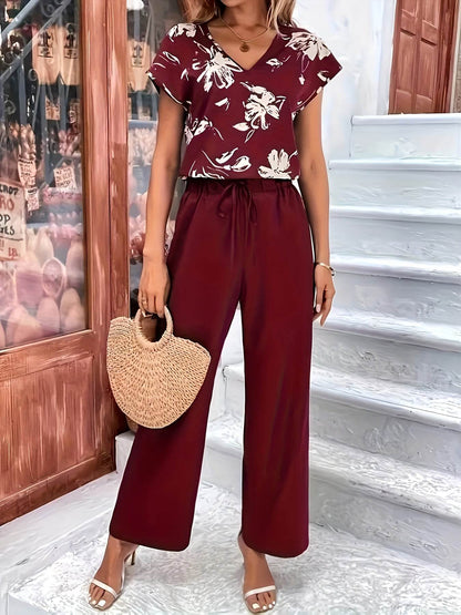 Women's Elegant Two-Piece Set - Floral V-Neck Top & Solid Pants - Buy Center