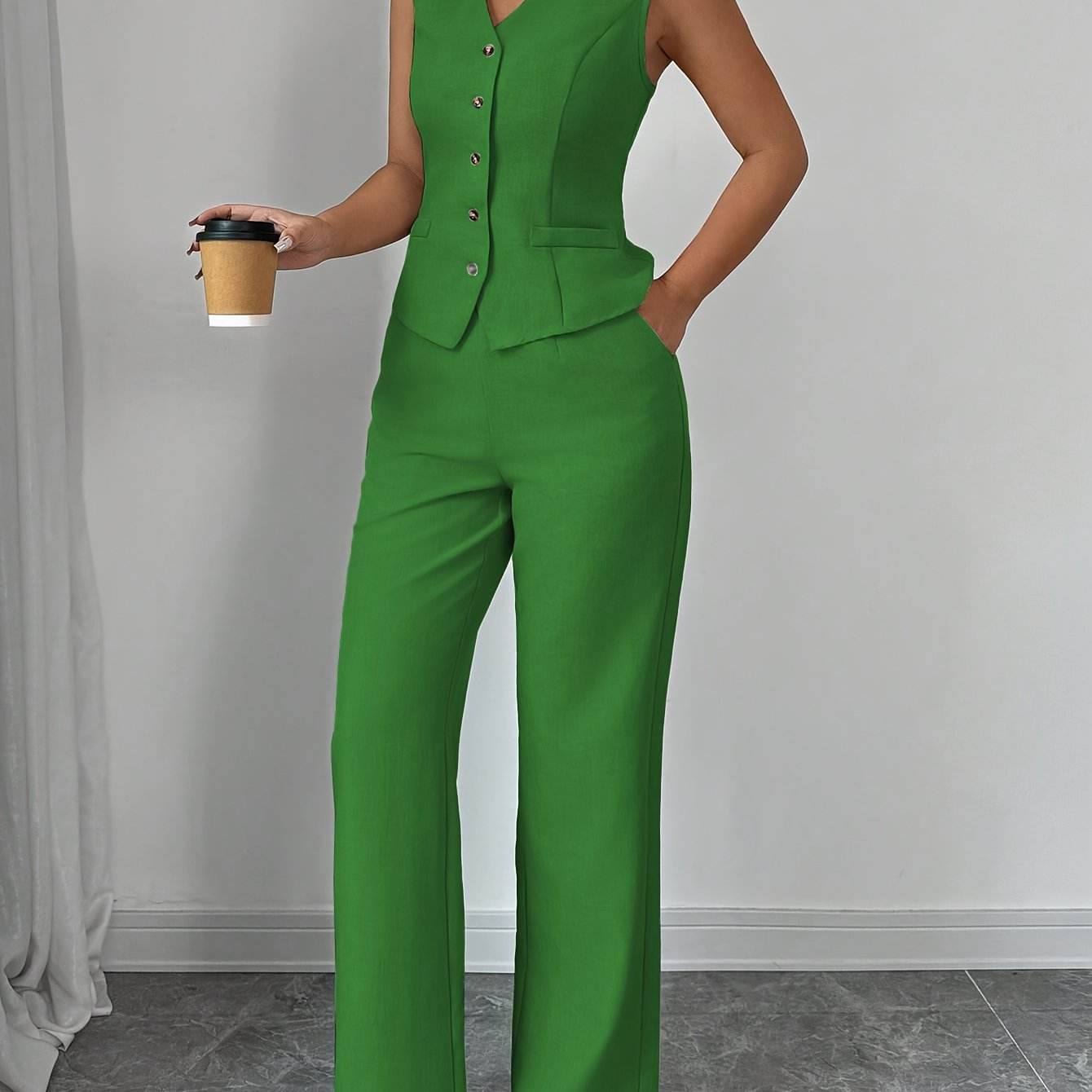 Women's Solid Color Vest & Wide-Leg Pants Set - Elegant Spring Look - Buy Center