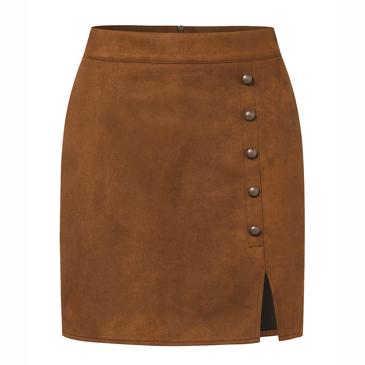 Buycenter Women's Suede High Waist Skirt - A-Line with Metal Buckle - Buy Center