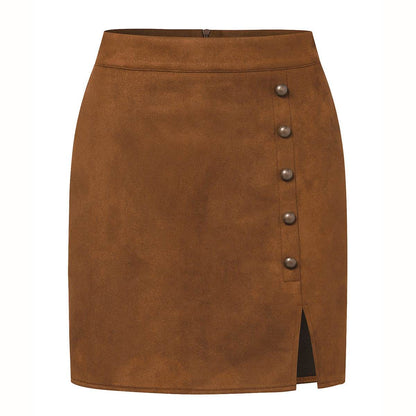 Buycenter Women's Suede High Waist Skirt - A-Line with Metal Buckle - Buy Center