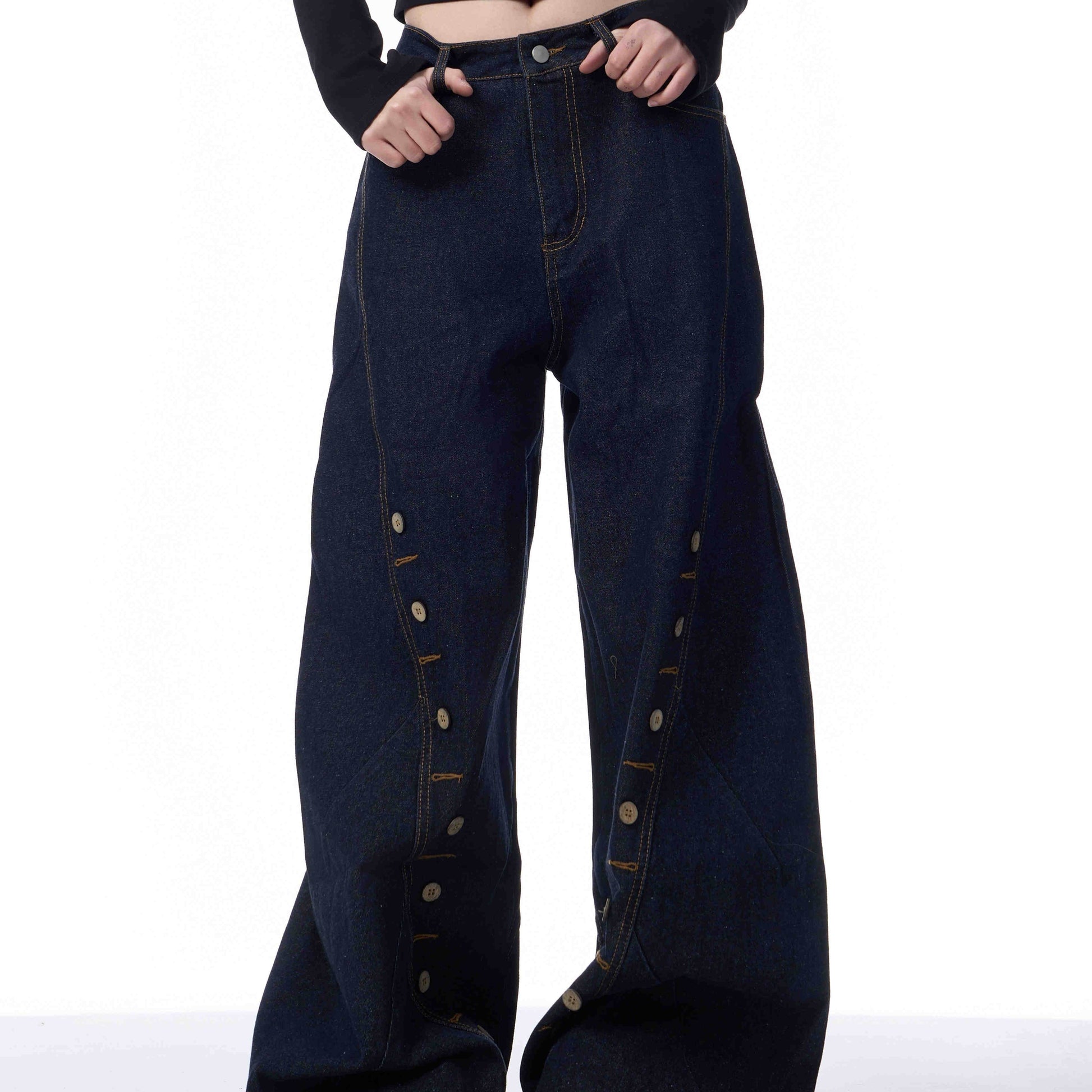 Multi-Row Buttonhole Denim Pants - Stylish Wide Leg Women’s Jeans - Buy Center