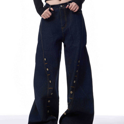 Multi-Row Buttonhole Denim Pants - Stylish Wide Leg Women’s Jeans - Buy Center