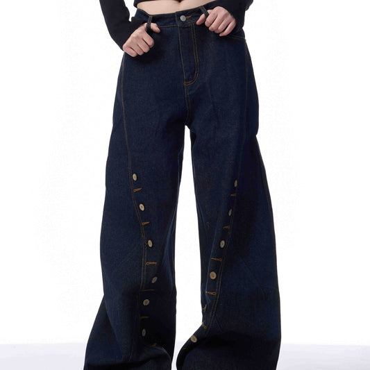 Multi-Row Buttonhole Denim Pants - Stylish Wide Leg Women’s Jeans - Buy Center