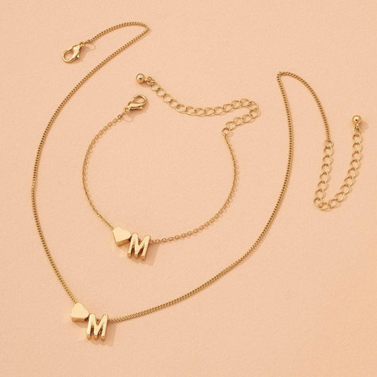 Buy Center Heart-Shaped Minimalist Necklace & Bracelet Set - Gold Alloy - Buy Center