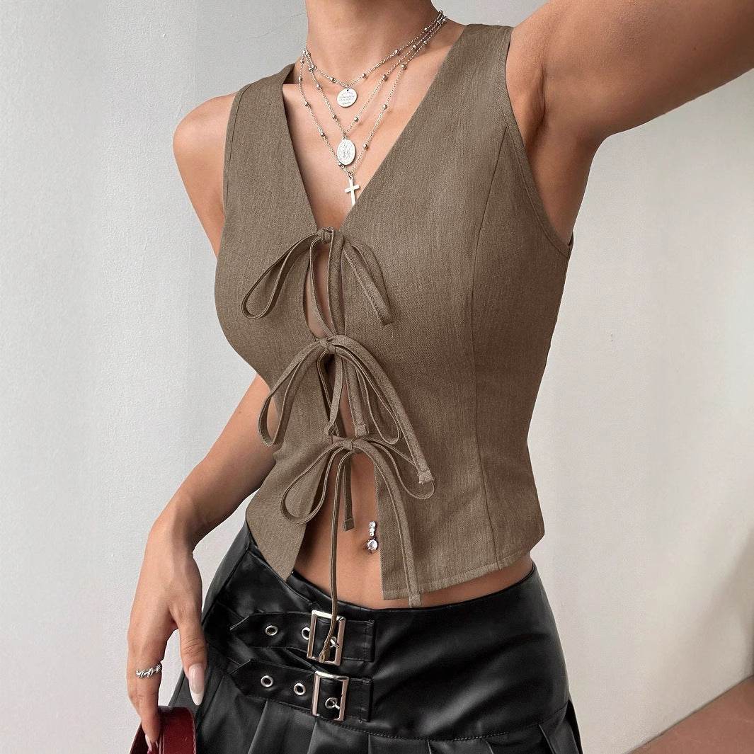 Buycenter Women's Slim Fit Lace-Up Blazer - Stylish Sleeveless Top - Buy Center