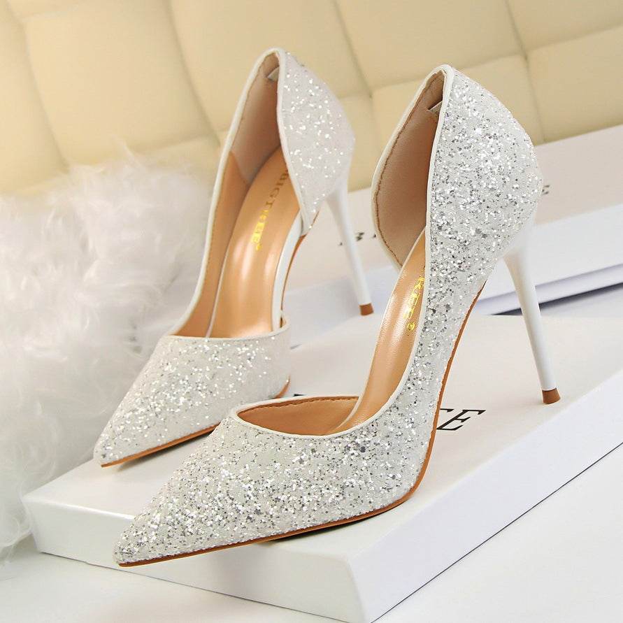 Skinny Women’s Stiletto Heel Pumps - Sequined Pointed Shoes in Colors - Buy Center