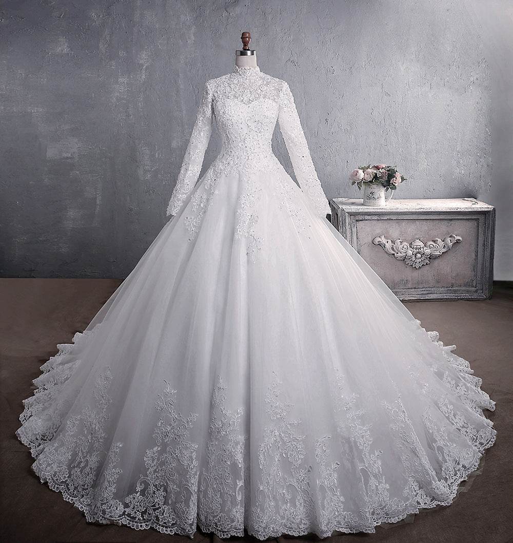 Elegant Lace Wedding Dress - Plus Sizes, Stand-up Collar & Long Sleeves - Buy Center