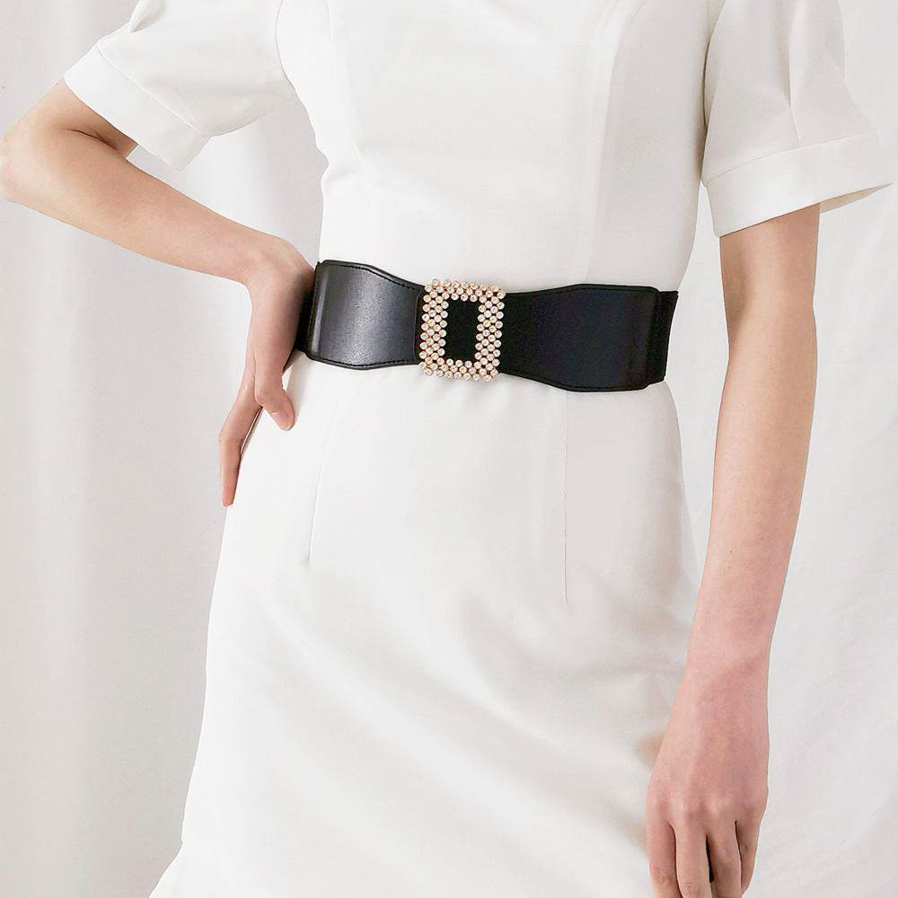 Women's Black Rhinestone Square Buckle Belt - Versatile Elastic Waistband - Buy Center