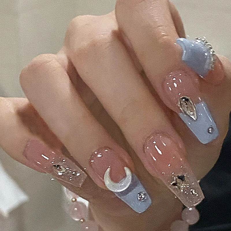 Stylish Stars and Moon Fake Nails - Chic French Design in Light Blue - Buy Center