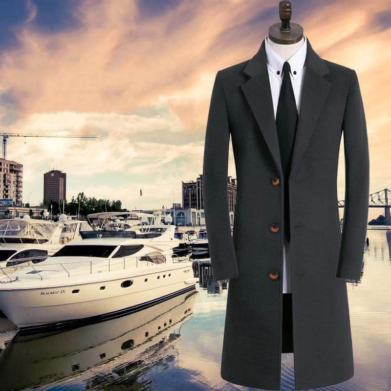 Buycenter Men's Woolen Trench Coat - Stylish Stand Collar, Multiple Colors - Buy Center