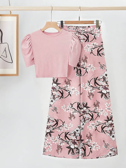 Elegant Women's Two-Piece Set - Pink Bubble Sleeve Top & Floral Pants - Buy Center