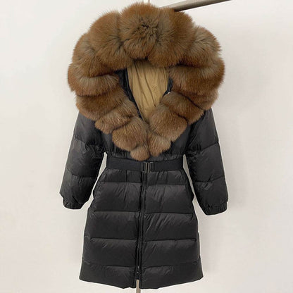 Women's Long Hoodie Coat - Real Fox Fur Collar, Padded Warmth 2025 - Buy Center
