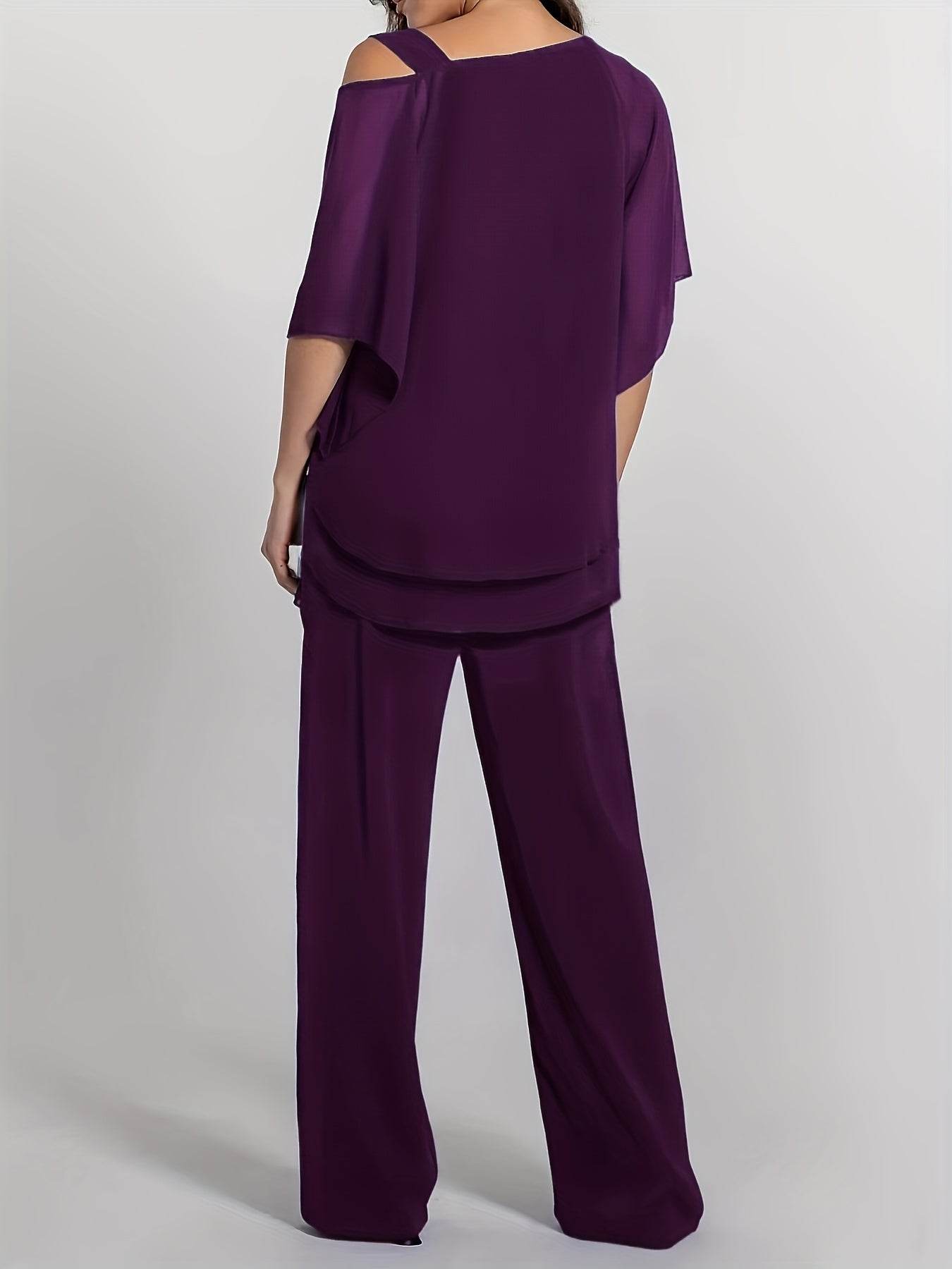 Elegant Off-Shoulder Asymmetrical Blouse & Pants Set - Purple Casual - Buy Center